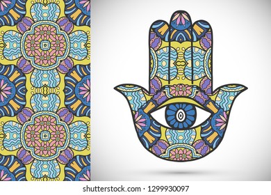 Boho hamsa hand, protection amulet, symbol of strength and happiness with seamless geometric pattern. Abstract graphic background, vertical floral doodle pattern, vector illustration
