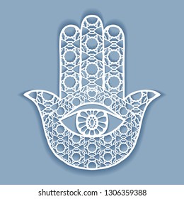 Boho hamsa hand, protection amulet, symbol of strength and happiness. Graphic design element for laser cutting, geometric line texture