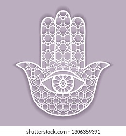 Boho hamsa hand, protection amulet, symbol of strength and happiness. Graphic design element for laser cutting, geometric line texture