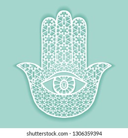 Boho hamsa hand, protection amulet, symbol of strength and happiness. Graphic design element for laser cutting, geometric line texture