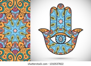 Mano del Boho hamsa, amuleto de protección, símbolo de fuerza y felicidad con un patrón geométrico sin fisuras. Fondo gráfico abstracto, patrón de doodle floral vertical, ilustración vectorial