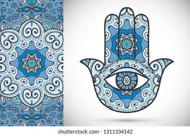Boho hamsa hand, protection amulet, symbol of strength and happiness with seamless geometric pattern. Abstract graphic background, vertical floral doodle pattern, vector illustration