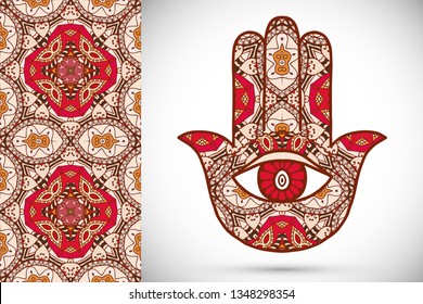 Boho hamsa hand, protection amulet, symbol of strength and happiness with seamless geometric pattern. Abstract graphic background, vertical floral doodle pattern, vector illustration