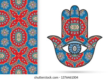 Boho hamsa hand, protection amulet, symbol of strength and happiness with seamless geometric pattern. Abstract graphic background, vertical floral doodle pattern, vector illustration