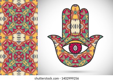 Boho hamsa hand, protection amulet, symbol of strength and happiness with seamless geometric pattern. Abstract graphic background, vertical floral doodle pattern, vector illustration
