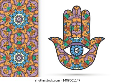 Boho hamsa hand, protection amulet, symbol of strength and happiness with seamless geometric pattern. Abstract graphic background, vertical floral doodle pattern, vector illustration