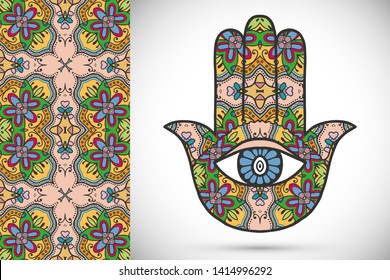 Boho hamsa hand, protection amulet, symbol of strength and happiness with seamless geometric pattern. Abstract graphic background, vertical floral doodle pattern, vector illustration