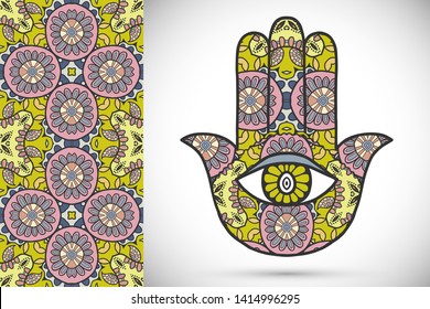 Boho hamsa hand, protection amulet, symbol of strength and happiness with seamless geometric pattern. Abstract graphic background, vertical floral doodle pattern, vector illustration