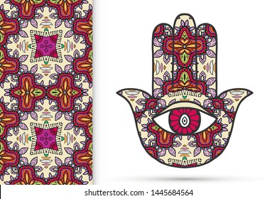 Boho hamsa hand, protection amulet, symbol of strength and happiness with seamless geometric pattern. Abstract graphic background, vertical floral doodle pattern, vector illustration