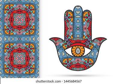 Boho hamsa hand, protection amulet, symbol of strength and happiness with seamless geometric pattern. Abstract graphic background, vertical floral doodle pattern, vector illustration