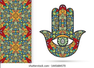 Boho hamsa hand, protection amulet, symbol of strength and happiness with seamless geometric pattern. Abstract graphic background, vertical floral doodle pattern, vector illustration