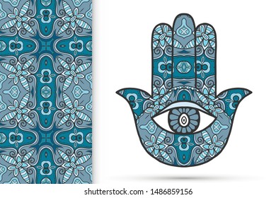 Boho hamsa hand, protection amulet, symbol of strength and happiness with seamless geometric pattern. Abstract graphic background, vertical floral doodle pattern, vector illustration