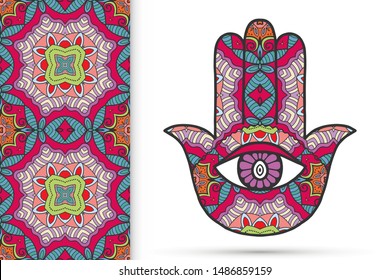 Mano del Boho hamsa, amuleto de protección, símbolo de fuerza y felicidad con un patrón geométrico sin fisuras. Fondo gráfico abstracto, patrón de doodle floral vertical, ilustración vectorial