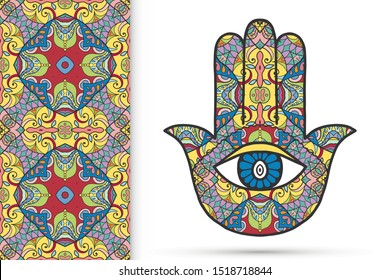 Boho hamsa hand, protection amulet, symbol of strength and happiness with seamless geometric pattern. Abstract graphic background, vertical floral doodle pattern, vector illustration
