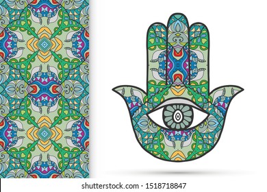 Boho hamsa hand, protection amulet, symbol of strength and happiness with seamless geometric pattern. Abstract graphic background, vertical floral doodle pattern, vector illustration