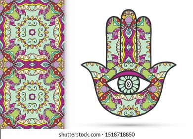 Boho hamsa hand, protection amulet, symbol of strength and happiness with seamless geometric pattern. Abstract graphic background, vertical floral doodle pattern, vector illustration