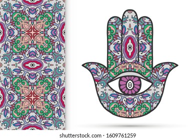 Boho hamsa hand, protection amulet, symbol of strength and happiness with seamless geometric pattern. Abstract graphic background, vertical floral doodle pattern, vector illustration