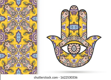 Boho hamsa hand, protection amulet, symbol of strength and happiness with seamless geometric pattern. Abstract graphic background, vertical floral doodle pattern, vector illustration