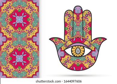 Boho hamsa hand, protection amulet, symbol of strength and happiness with seamless geometric pattern. Abstract graphic background, vertical floral doodle pattern, vector illustration