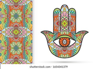 Boho hamsa hand, protection amulet, symbol of strength and happiness with seamless geometric pattern. Abstract graphic background, vertical floral doodle pattern, vector illustration