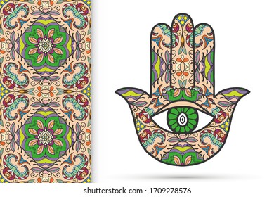 Boho hamsa hand, protection amulet, symbol of strength and happiness with seamless geometric pattern. Abstract graphic background, vertical floral doodle pattern, vector illustration