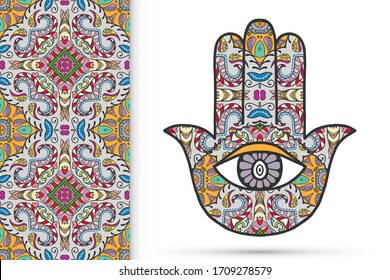 Boho hamsa Hand, Schutzamulet, Symbol für Stärke und Glück mit nahtlosen geometrischen Mustern. Abstrakter grafischer Hintergrund, vertikales blumengeschwungenes Muster, Vektorillustration