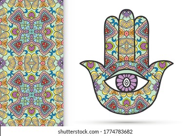 Boho hamsa hand, protection amulet, symbol of strength and happiness with seamless geometric pattern. Abstract graphic background, vertical floral doodle pattern, vector illustration