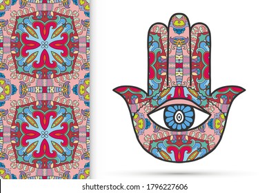 Boho hamsa hand, protection amulet, symbol of strength and happiness with seamless geometric pattern. Abstract graphic background, vertical floral doodle pattern, vector illustration