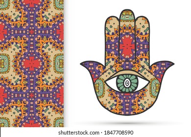Boho hamsa hand, protection amulet, symbol of strength and happiness with seamless geometric pattern. Abstract graphic background, vertical floral doodle pattern, vector illustration