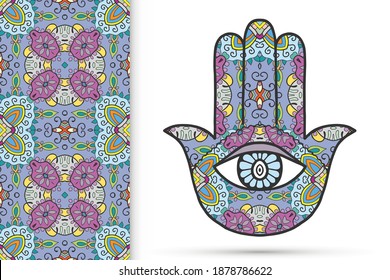 Boho hamsa hand, protection amulet, symbol of strength and happiness with seamless geometric pattern. Abstract graphic background, vertical floral doodle pattern, vector illustration