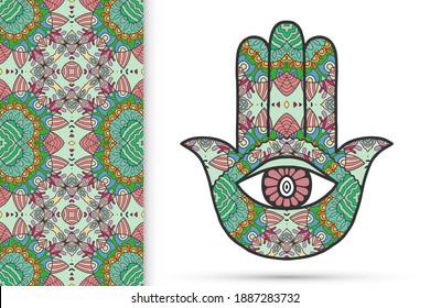 Boho hamsa hand, protection amulet, symbol of strength and happiness with seamless geometric pattern. Abstract graphic background, vertical floral doodle pattern, vector illustration