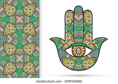 Boho hamsa hand, protection amulet, symbol of strength and happiness with seamless geometric pattern. Abstract graphic background, vertical floral doodle pattern, vector illustration