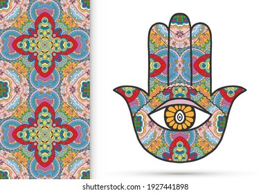 Boho hamsa hand, protection amulet, symbol of strength and happiness with seamless geometric pattern. Abstract graphic background, vertical floral doodle pattern, vector illustration