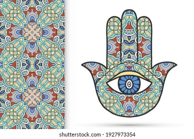 Boho hamsa Hand, Schutzamulet, Symbol für Stärke und Glück mit nahtlosen geometrischen Mustern. Abstrakter grafischer Hintergrund, vertikales blumengeschwungenes Muster, Vektorgrafik