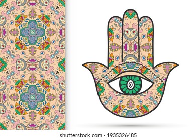 Boho hamsa hand, protection amulet, symbol of strength and happiness with seamless geometric pattern. Abstract graphic background, vertical floral doodle pattern, vector illustration
