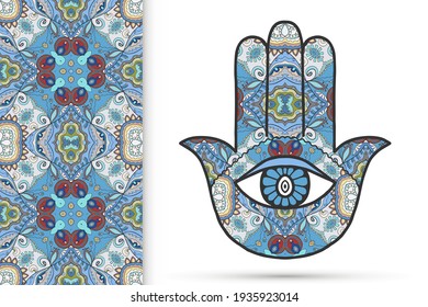 Boho hamsa hand, protection amulet, symbol of strength and happiness with seamless geometric pattern. Abstract graphic background, vertical floral doodle pattern, vector illustration