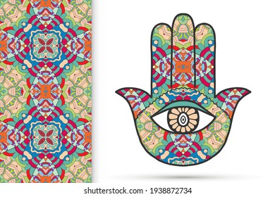 Boho hamsa hand, protection amulet, symbol of strength and happiness with seamless geometric pattern. Abstract graphic background, vertical floral doodle pattern, vector illustration