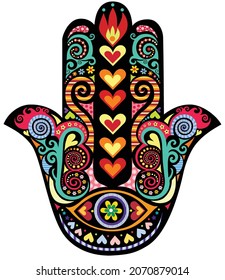 Boho hamsa hand, protection amulet, symbol of strength and happiness with seamless geometric pattern. Abstract graphic background, vertical floral doodle pattern, vector illustration
