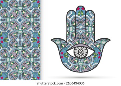 Boho hamsa hand, protection amulet, symbol of strength and happiness with seamless geometric pattern. Abstract graphic background, vertical floral doodle pattern, vector illustration