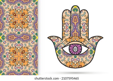 Mano Boho hamsa, amuleto de protección, símbolo de fuerza y felicidad con un patrón geométrico sin fisuras. Fondo gráfico abstracto, patrón de doodle floral vertical, ilustración vectorial