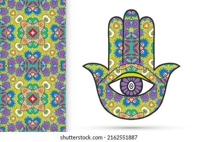 Boho hamsa hand, protection amulet, symbol of strength and happiness with seamless geometric pattern. Abstract graphic background, vertical floral doodle pattern, vector illustration