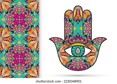 Boho hamsa hand, protection amulet, symbol of strength and happiness with seamless geometric pattern. Abstract graphic background, vertical floral doodle pattern, vector illustration