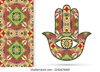 Boho hamsa hand, protection amulet, symbol of strength and happiness with seamless geometric pattern. Abstract graphic background, vertical floral doodle pattern, vector illustration