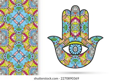 Boho hamsa hand, protection amulet, symbol of strength and happiness with seamless geometric pattern. Abstract graphic background, vertical floral doodle pattern, vector illustration