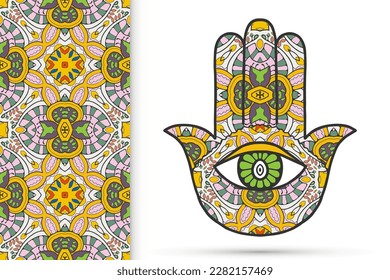 Boho hamsa hand, protection amulet, symbol of strength and happiness with seamless geometric pattern. Abstract graphic background, vertical floral doodle pattern, vector illustration