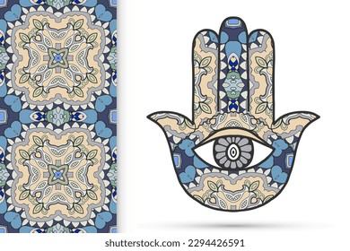 Boho hamsa hand, protection amulet, symbol of strength and happiness with seamless geometric pattern. Abstract graphic background, vertical floral doodle pattern, vector illustration