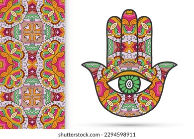 Boho hamsa Hand, Schutzamulet, Symbol für Stärke und Glück mit nahtlosen geometrischen Mustern. Abstrakter grafischer Hintergrund, vertikales blumengeschwungenes Muster, Vektorgrafik