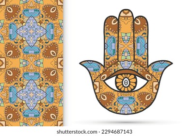 Boho hamsa Hand, Schutzamulet, Symbol für Stärke und Glück mit nahtlosen geometrischen Mustern. Abstrakter grafischer Hintergrund, vertikales blumengeschwungenes Muster, Vektorgrafik