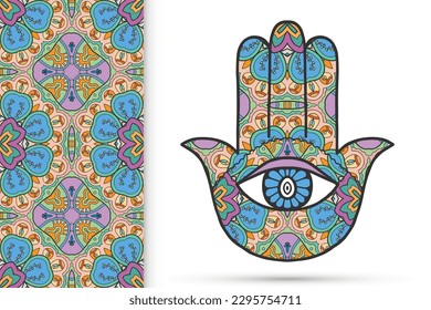 Boho hamsa hand, protection amulet, symbol of strength and happiness with seamless geometric pattern. Abstract graphic background, vertical floral doodle pattern, vector illustration