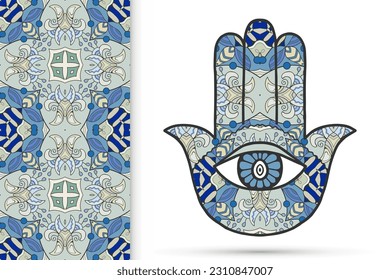 Boho hamsa Hand, Schutzamulet, Symbol für Stärke und Glück mit nahtlosen geometrischen Mustern. Abstrakter grafischer Hintergrund, vertikales blumengeschwungenes Muster, Vektorgrafik